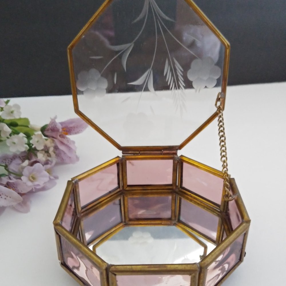 Smoky Pink Glass & Brass Jewelry Display Box